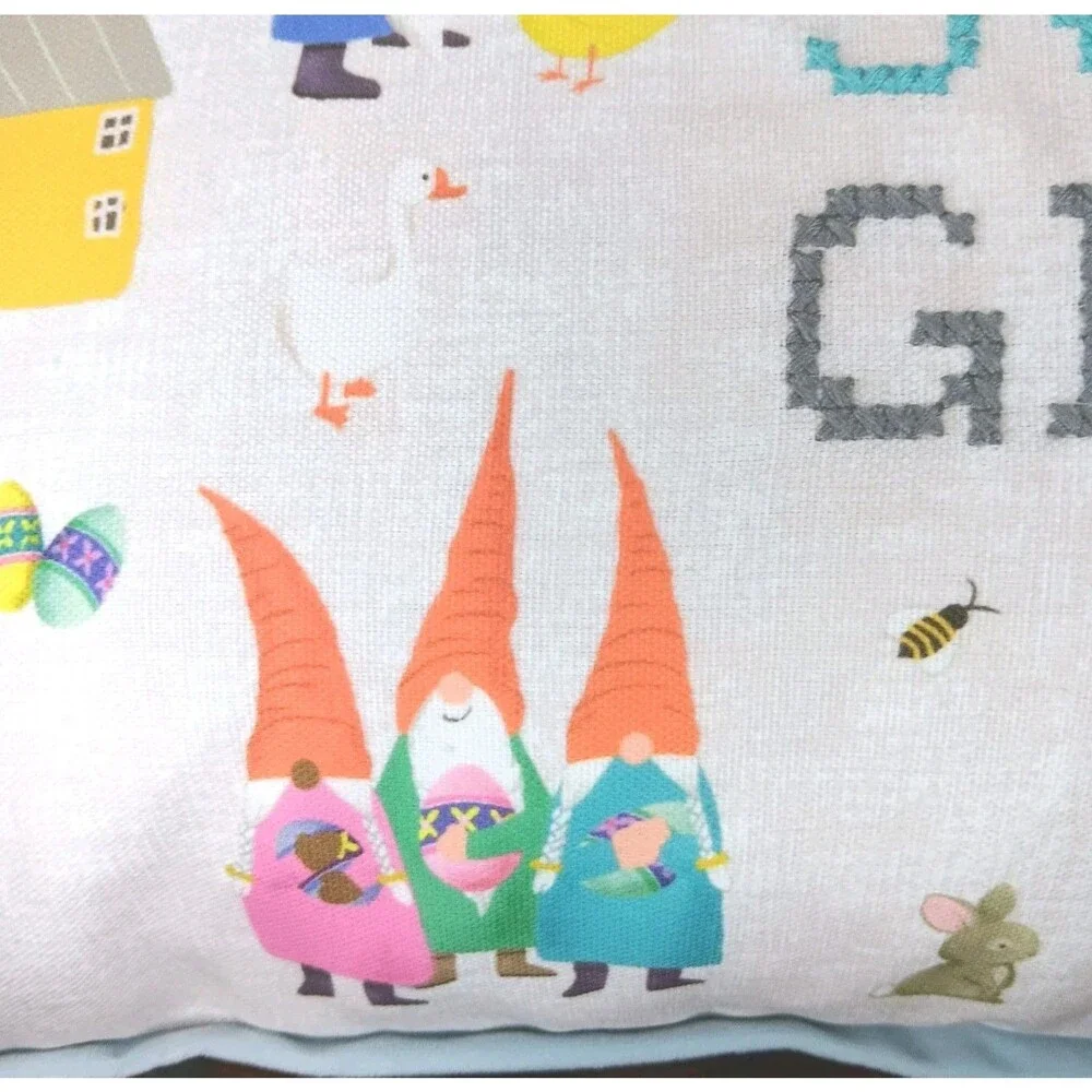Isaac Mizrahi Gnome Sweet Gnome Feather Pillow Spring Easter Flowers Mushrooms